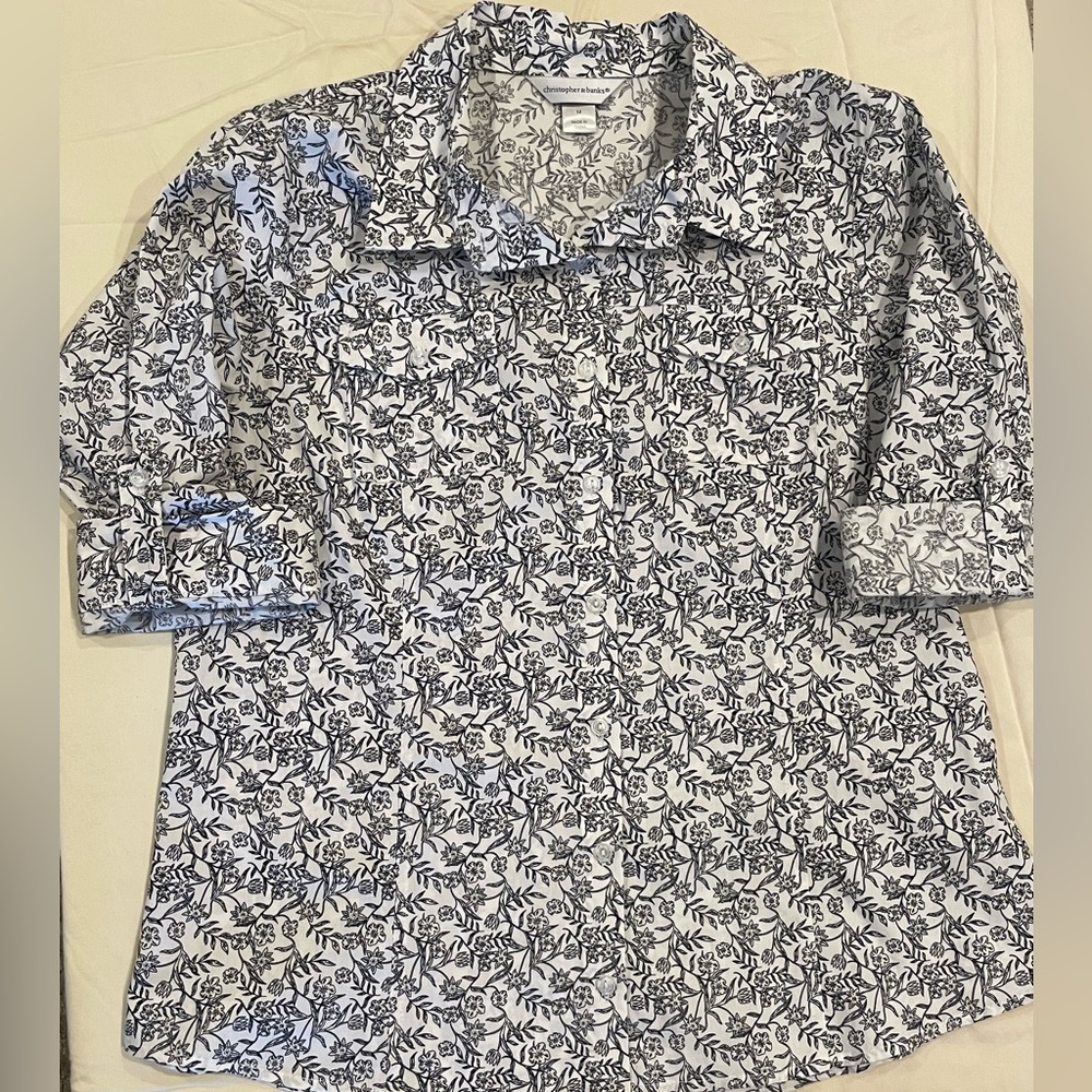Christopher & Banks Womens M 3/4 Sleeve Floral B&W Button Down Blouse